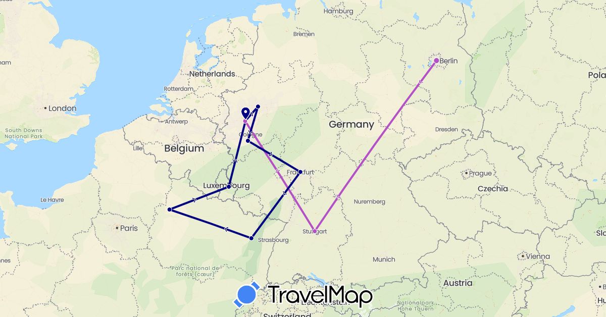 TravelMap itinerary: driving, train in Germany, France, Luxembourg (Europe)